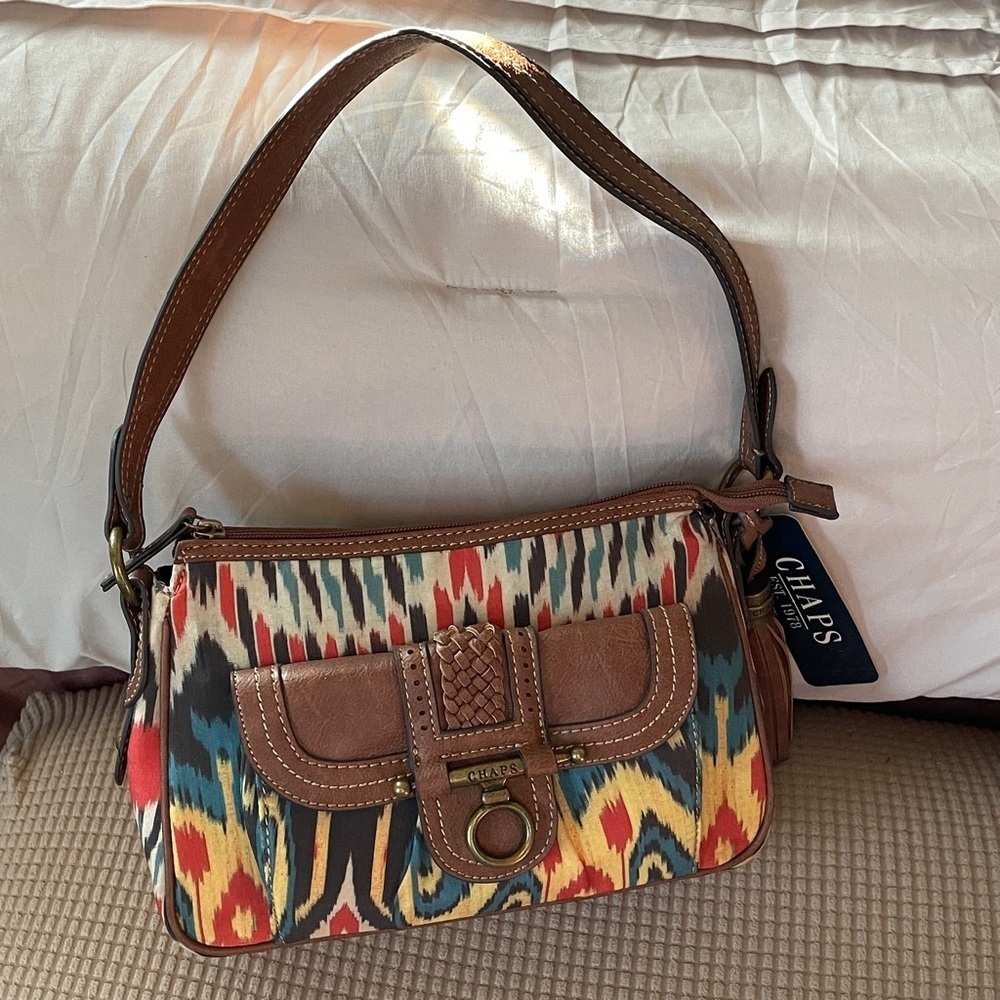 Chaps shoulder bag multicolor ikat print canvas body w/brown faux leather trim